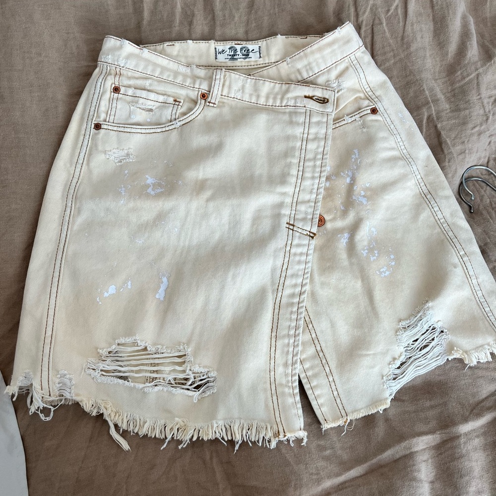 Distressed Cream Denim Skirt